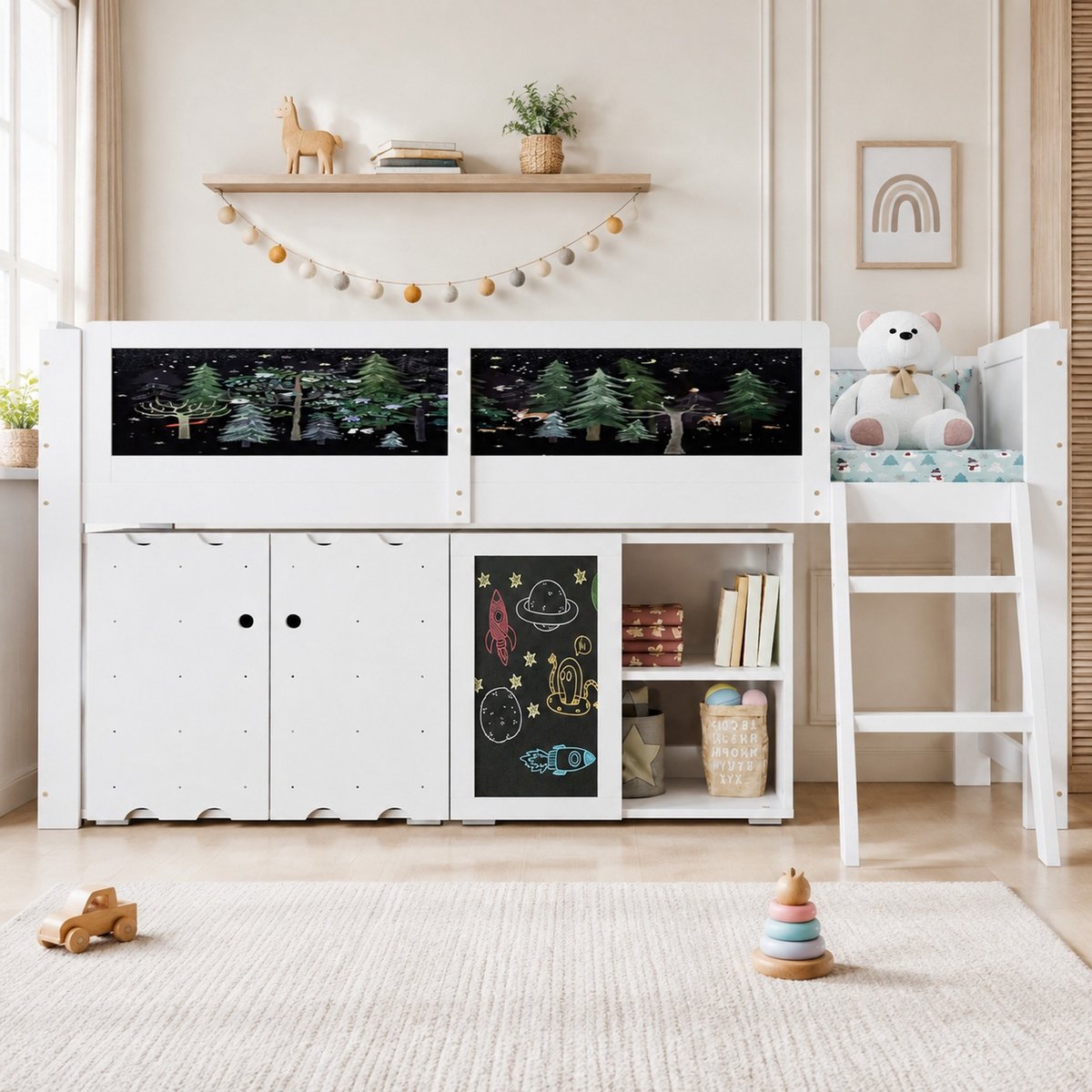 DESMIU Hoogslaper 90x200cm - Kinderbed Met Opbergkast En Krijtbord - Schuine Trap En Veiligheidshek - Hout En MDF - Wit - Zonder Matras