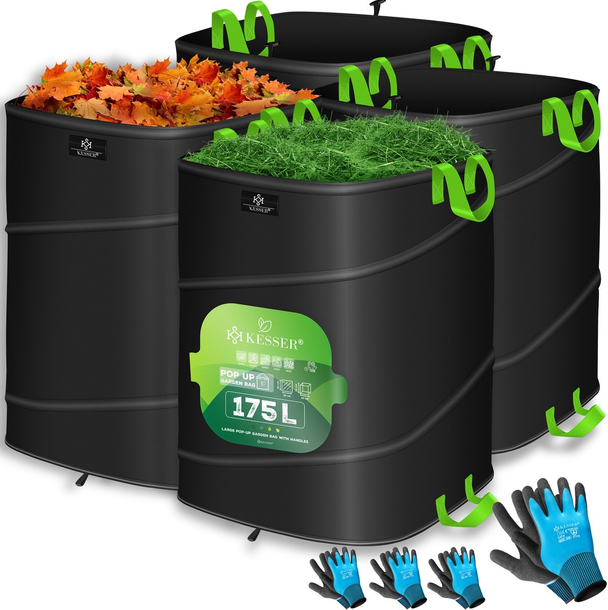 KESSER® Pop-up tuinzak set van 4 x 175 liter - Zelfstaand en opvouwbaar - Zwart/lichtgroen