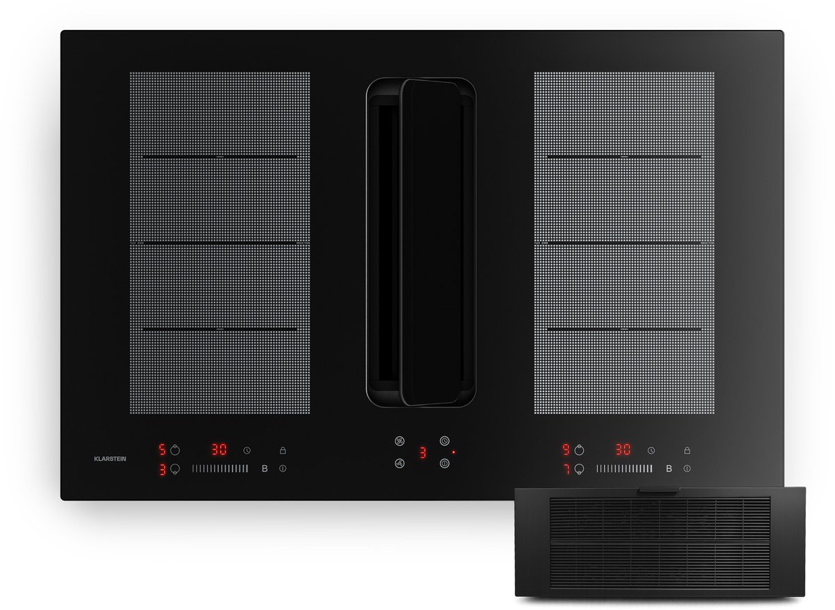 Klarstein ChefFusion inductiekookplaat met afzuiging 80 cm – 4 kookzones, 7200 W, 504,3 m³/u, flexibele kookzones, recirculatie & afvoer