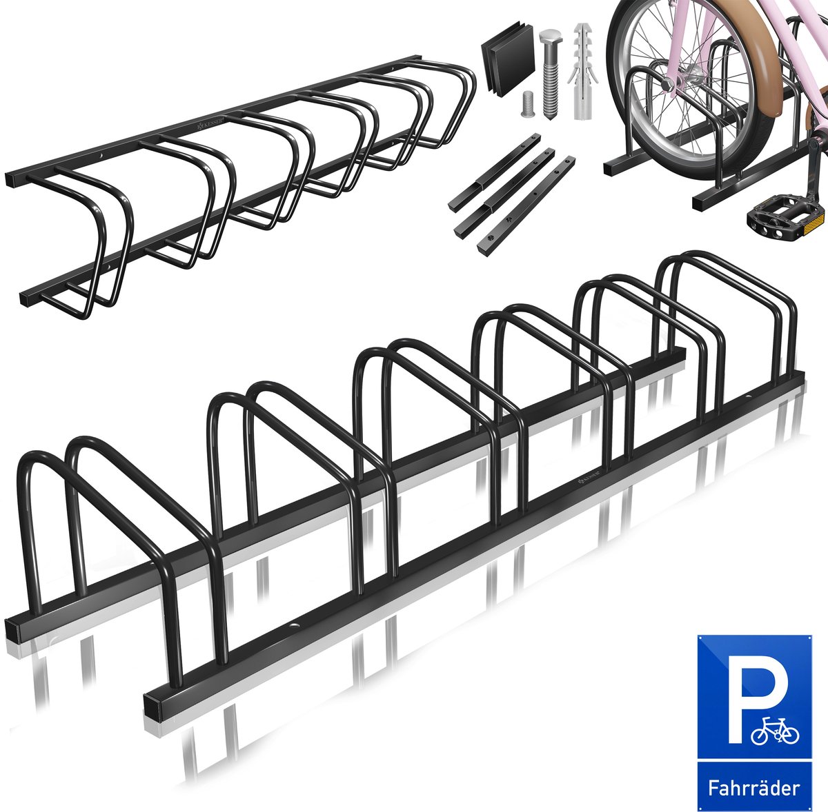 Fietsrek / fietstandaard voor 6 fietsen – lengte 160 cm – 37 cm wielafstand voor bandbreedtes van 30-65 mm -zwart