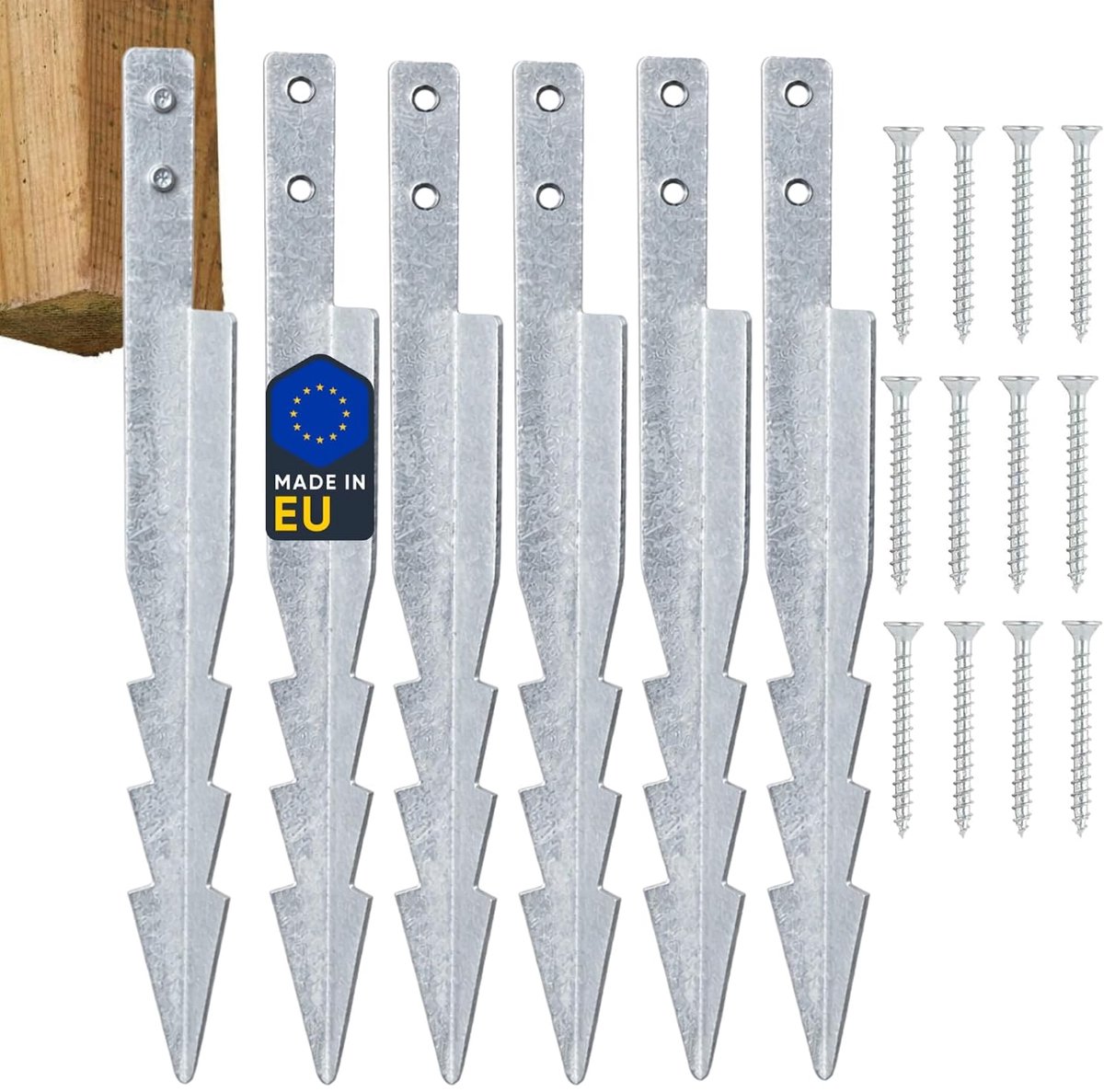 Set van 6 stuks voor schommel, speeltoren, speelplaats, 44 cm, universele grondankers van verzinkt staal met schroeven, inslaganker voor pergola, bodemverankering, houten palen