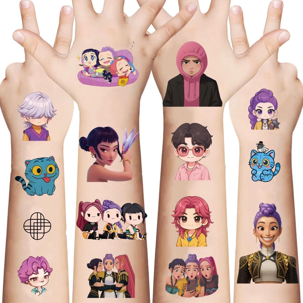 Tijdelijke tattoos – Demon Hunters tattooset voor kinderen, Hunters tattoo stickers & plaktattoos, watervaste tattoo voor jongens & meisjes, cadeautjes, decoratie voor