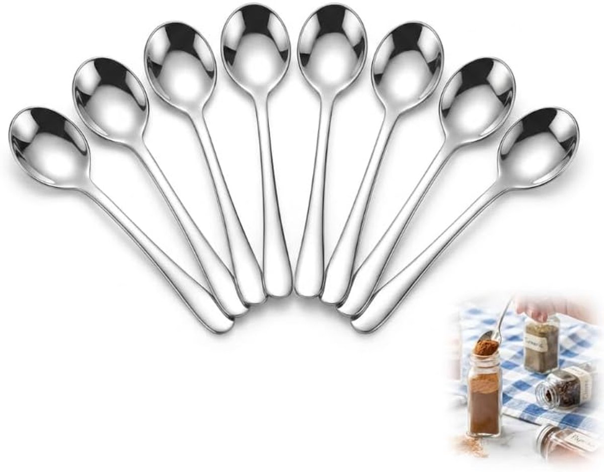 8 stuks espressolepels mini, 7,5 cm, kleine lepels van roestvrij staal, mini-lepel voor kruidenpotjes, kruidenlepel voor zout, honing, suiker, peper, thee en koffie, accessoires
