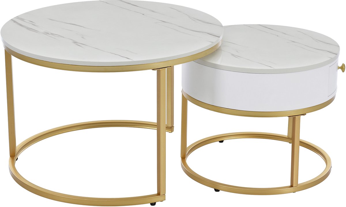 MUVANO Ronde Salontafel Set Van 2 - Hoogglans Marmer Look - Nesting Tafels - Moderne Bijzettafel - 70x70x48 cm - Ruimtebesparend - Woonkamer Wit