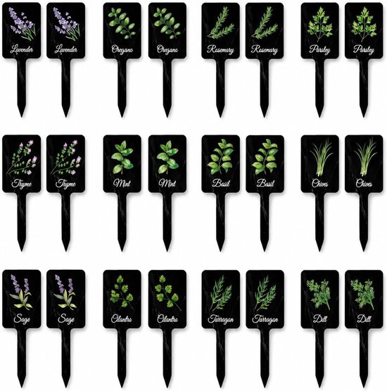 24 stuks acryl plantenlabels, waterdichte markeringen met afbeeldingen. Rotbestendige tags met gedrukte namen en afbeeldingen. Gemakkelijk schoon te maken. 12 stijlen, elk 2. Binnen/buiten voor planten, kruiden, tuinen.