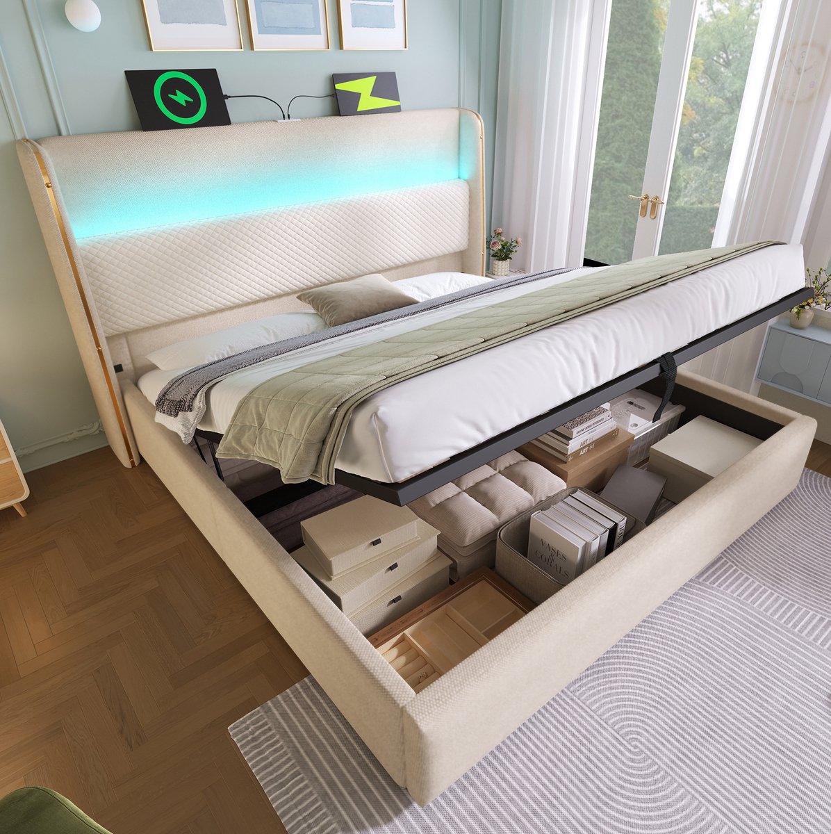 WUVRIE Opbergbed 140x200 cm met LED, USB/Type-C-laadstation en hoog hoofdbord, beige