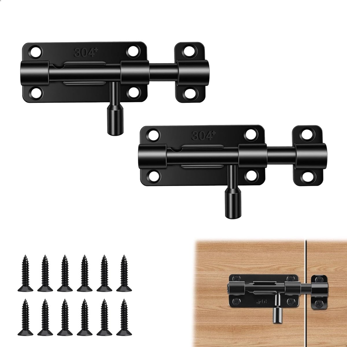 SnelShoppen - Deurstang roestvrij staal 4 inch - 2 stuks grendelstang met zwarte schuifgrendel, 12 schroeven, vergrendeling voor poort, raam, hek, tui