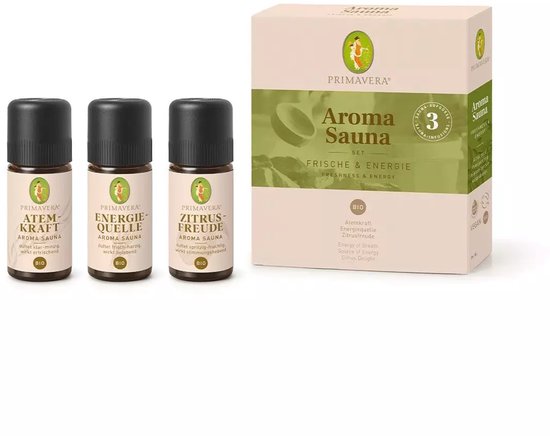Primavera set aroma sauna met drie flesjes: Atem-Kraft, Energie-Quelle en Zitrus-Freude. De verpakking is lichtroze met groene en witte tekst.