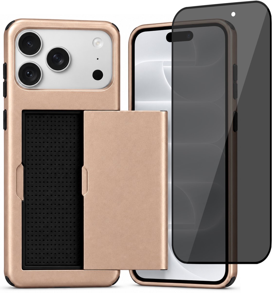 Hoesje met Pasjeshouder geschikt voor iPhone 18 Pro Max / 17 Pro Max – Back Cover Slide Case – Roségoud – Privacy Screenprotector – Anti Inkijk