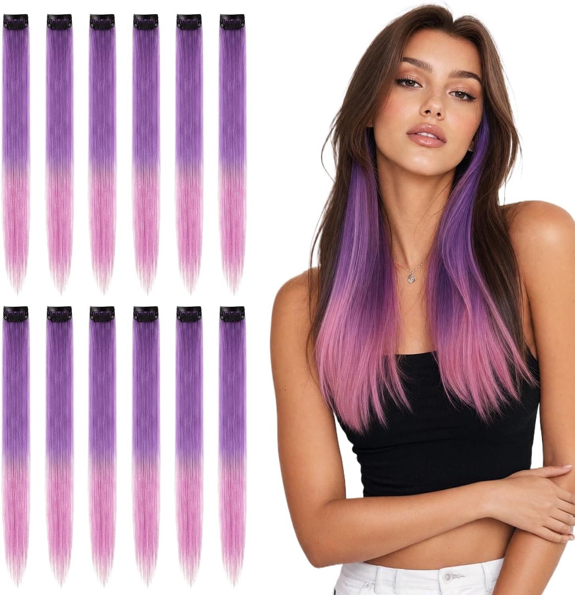 12-delige Clip-in Haarextensions - Lila naar Roze - 55cm Synthetisch Haar - Direct klaar voor gebruik - ShopVlot