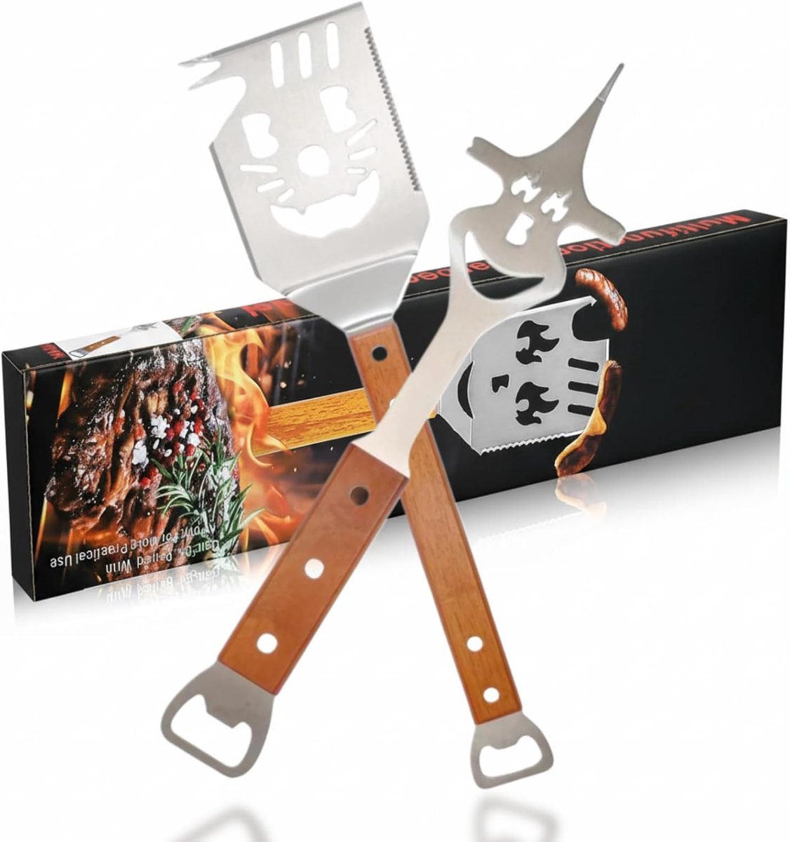 SnelShoppen - 2-delige Multifunctionele BBQ Gereedschapsset - RVS Spatel en Grillvork, 7-in-1 BBQ Tools, Perfecte Cadeaus voor Vaderdag, Camping en Tu