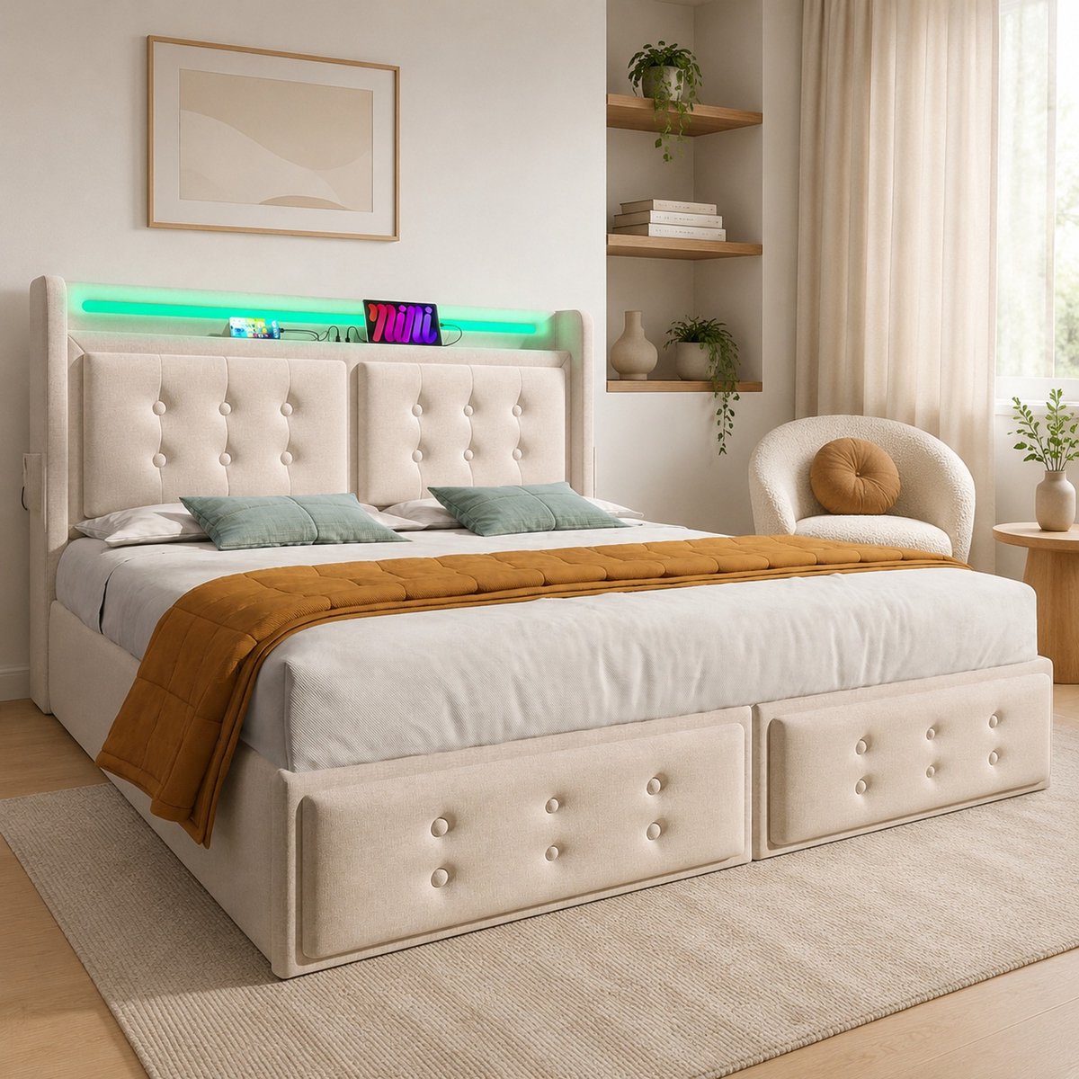 WUVRIE Gestoffeerd tweepersoonsbed 140x200 cm met LED, USB-C, 4 lades en lattenbodem, beige