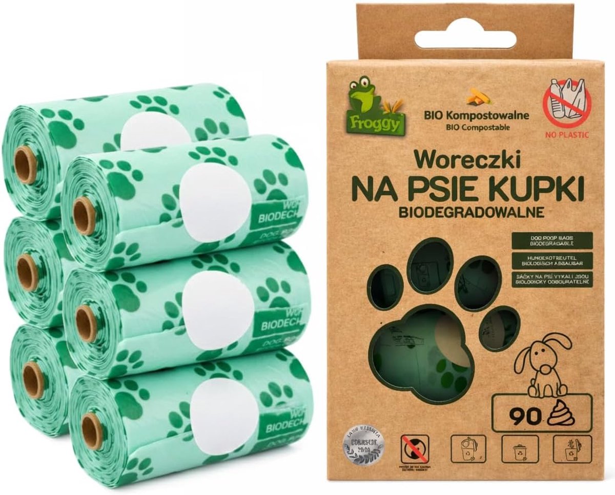 SnelShoppen - Biologisch afbreekbare Poepzakken voor Honden en Katten - 90 Stuks - 6 Rollen - Milieuvriendelijk - Composteerbare Dierenafvalzakken van