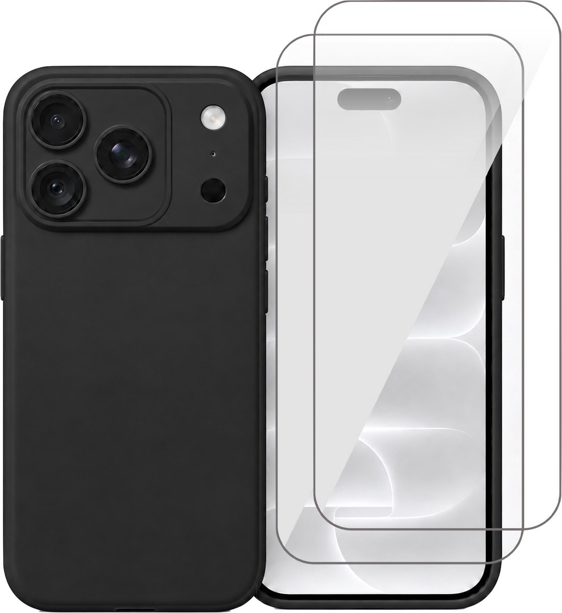 Hoesje geschikt voor iPhone 18 Pro / 17 Pro – MatteShield Back Cover – Zwart – 2 Stuks Screenprotector Glas