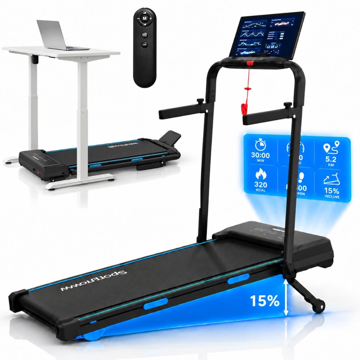 Loopband 1-12km/u met elektrische incline 15% – Walking Pad – Loopband Inklapbaar – Wandelband – Met Elektrische Hellingfunctie – Incl. Tablethouder, Afstandsbediening en App