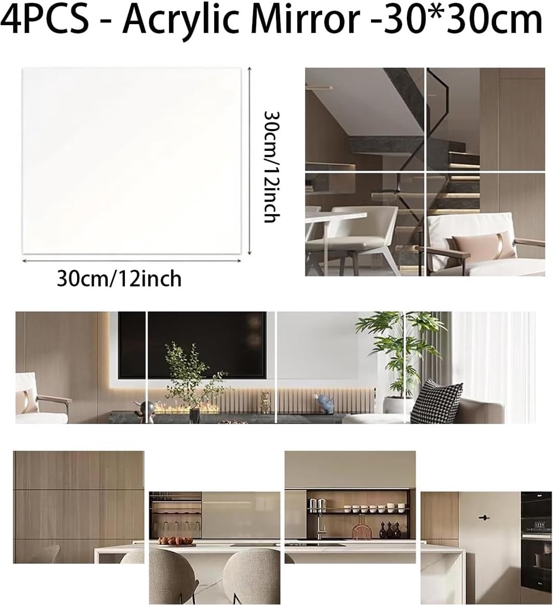 Spiegelwand in volledige lengte, 30 x 30 cm, wandspiegel, zelfklevende spiegeltegels, vierkant, uit te snijden, spiegel, muursticker voor slaapkamer, thuis, gymdecoratie (4 stuks)
