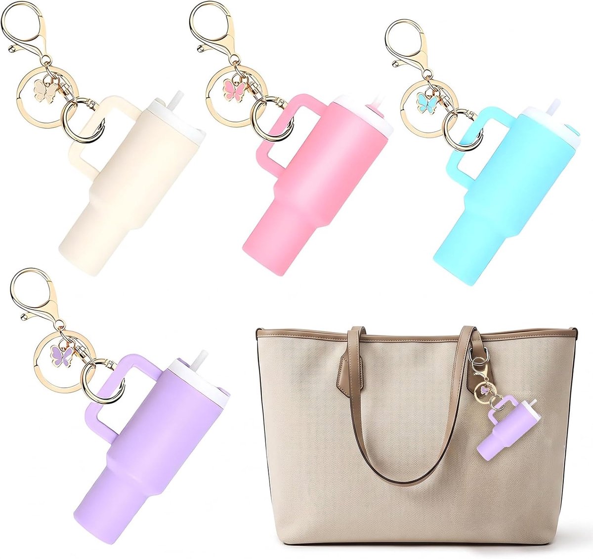 4 stuks sleutelhangers, mini-cup-sleutelhanger, mini Stanley Cup sleutelhanger, mamacadeau, stijlvol en kleurrijk, voor handtassen, rugzakken (roze, blauw, lavendel, crèmewit)
