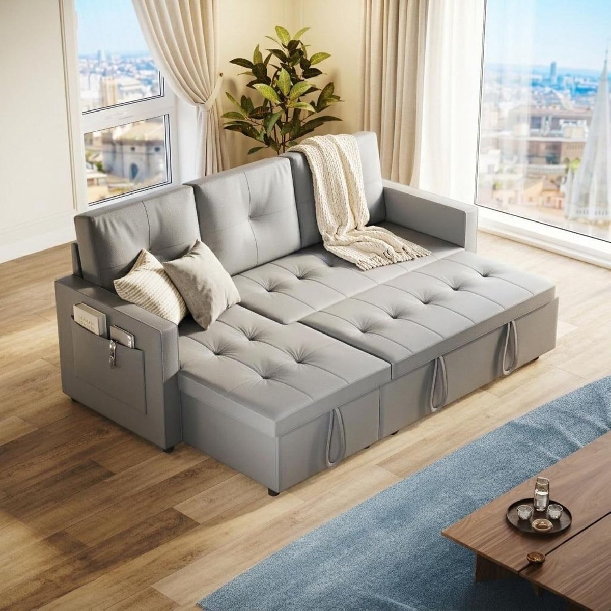3-zits, 203 cm hoekbank, slaapbank met zijvakken, 186 × 110 cm ligvlak, inklapbare L-vormige bank voor woonkamer/slaapkamer/kantoor, moderne gestoffeerde bank in lichtgrijs