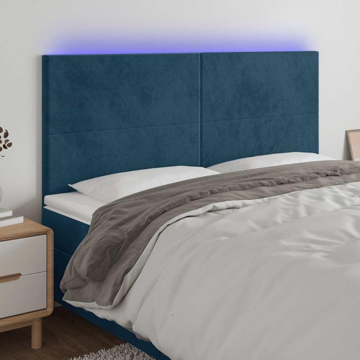 Donkerblauw, 200 x 5 x 118/128 cm, fluweel met in hoogte verstelbare en op maat te snijden ledstrip, voor moderne slaapkamer