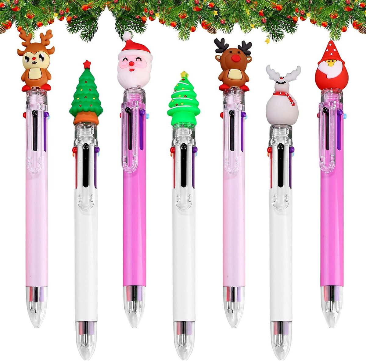 7 stuks meerkleurige pennen, intrekbare balpen, 6-in-1, kerstbalpen, kerstboomstiftset voor kinderen, cadeau, feestzakvulling