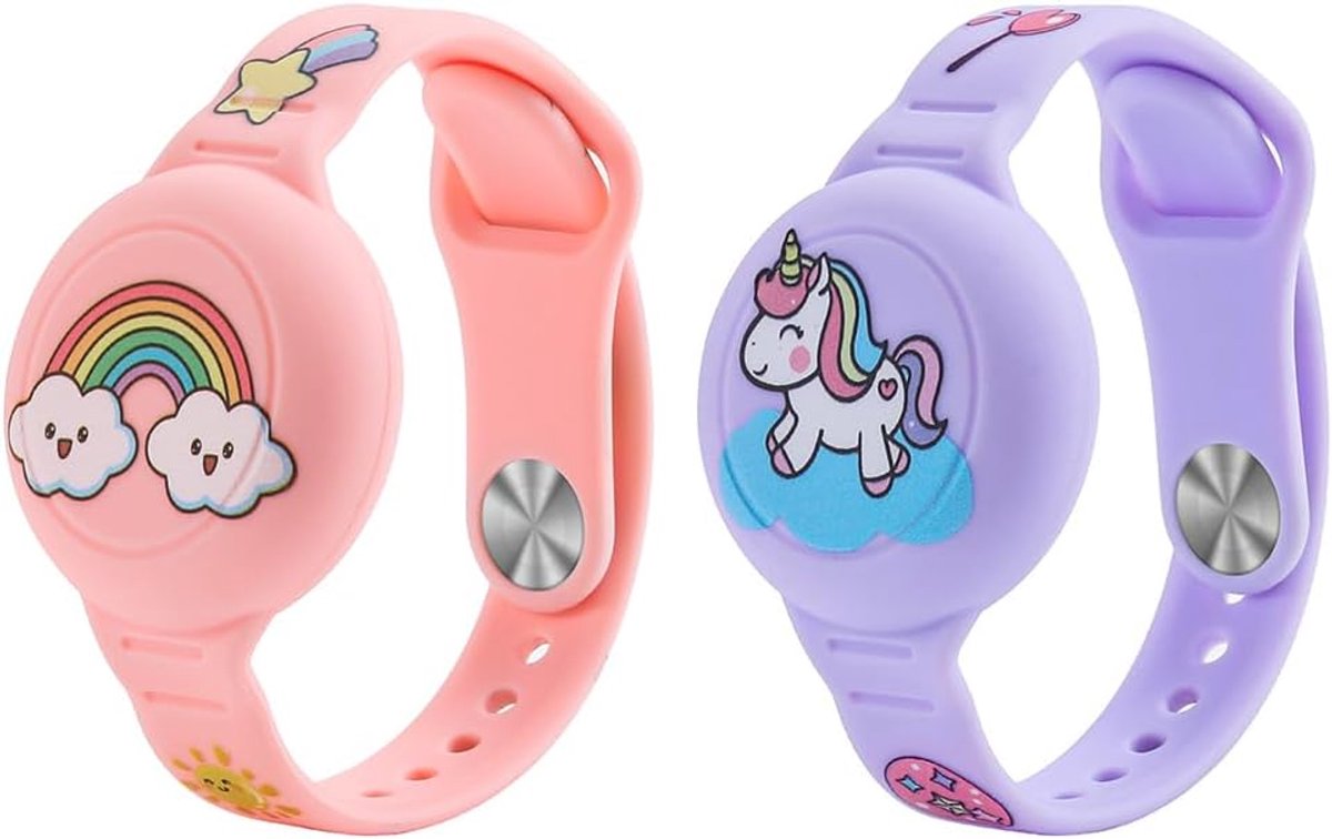 2-pack armband, Boheemse regenboog- en eenhoornpatroon siliconen houder voor peuters en ouderen, GPS-tracker beschermhoes (lila, roze)
