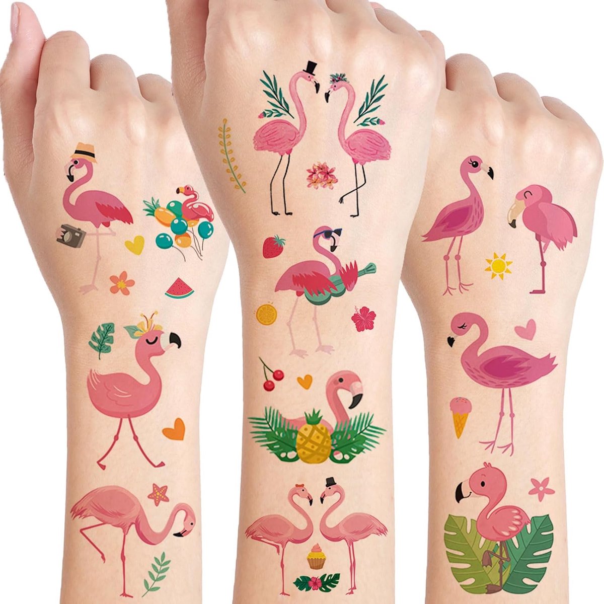 Tijdelijke tatoeages, 10 vellen cartoon-flamingo-tatoeages voor meisjes jongens lichaam arm schouder, verjaardagsfeest cadeau klein, Hawaïdecoratie, kindertatoeages, huidvriendelijk