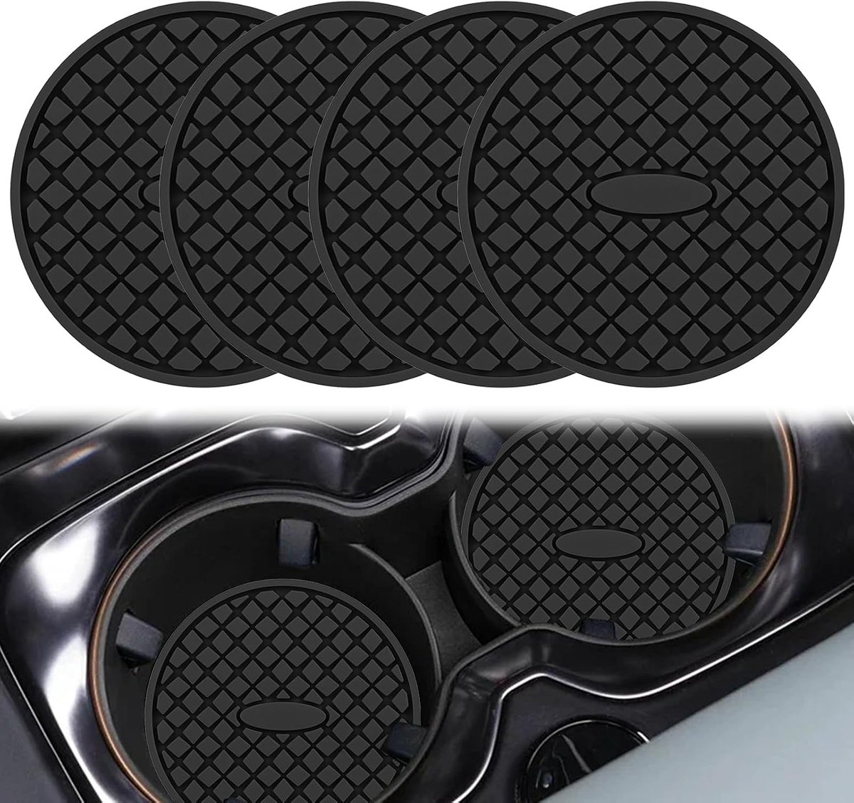 Set van 4 premium onderzetters voor de auto, antislip siliconen bekerhoudermatten, diep reservoir tegen lekkage, universele pasvorm voor auto-interieur, diameter 8 cm, zwart