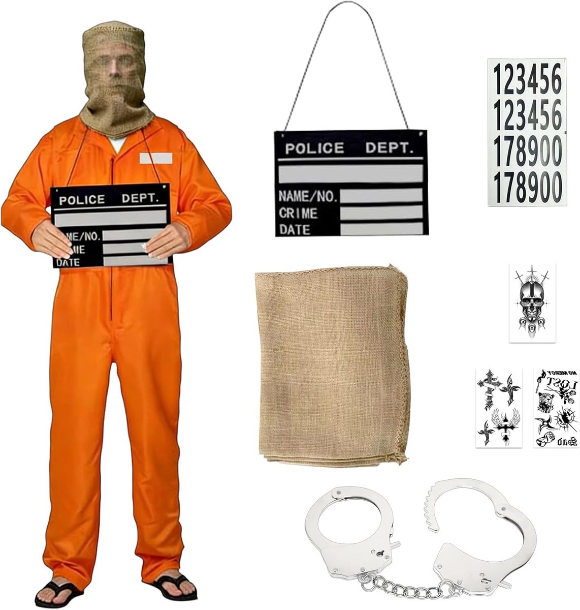 Gevangeniskostuum voor volwassenen en heren, met accessoires, cosplay, Halloween, carnaval