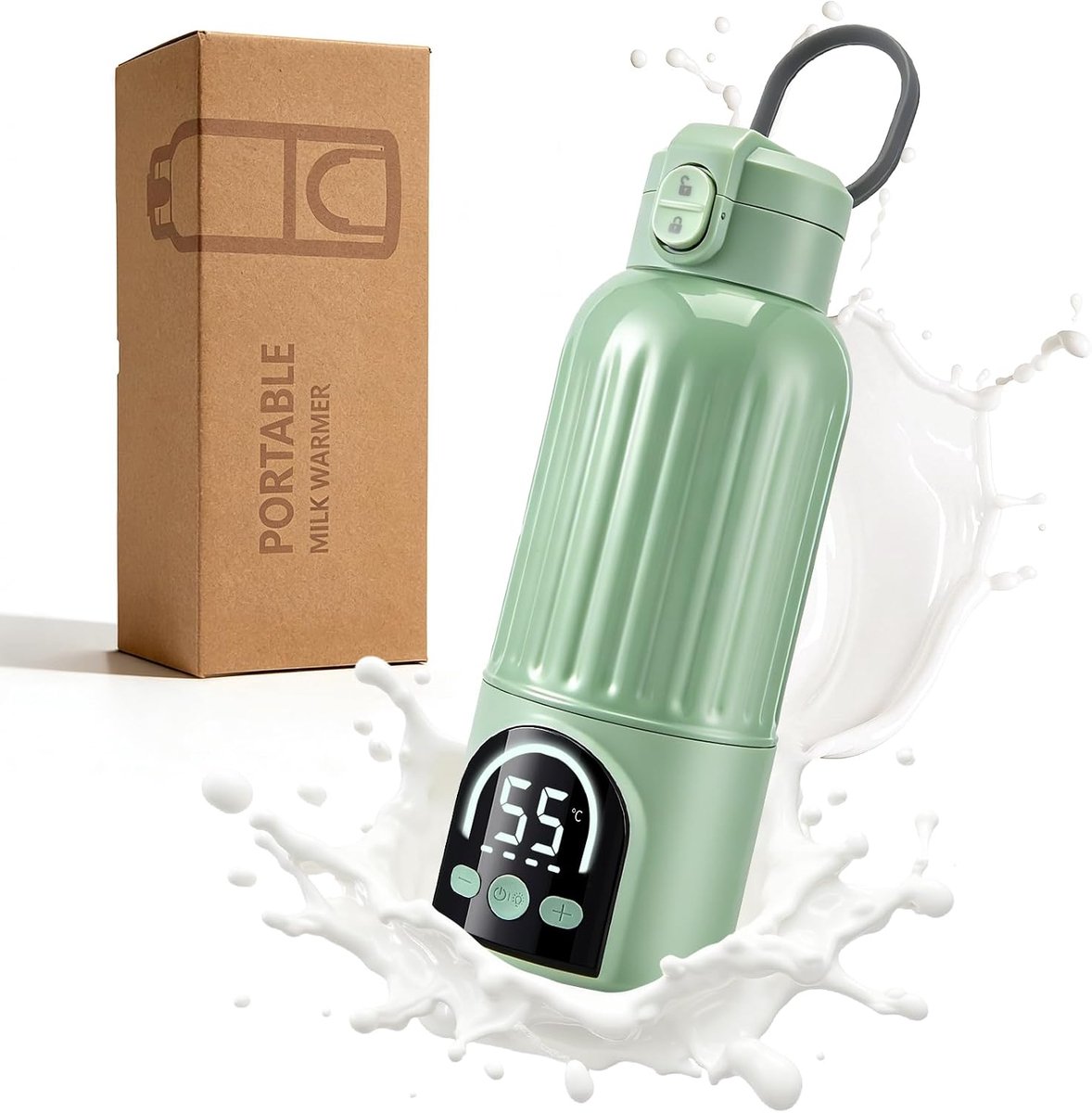 Babyflesverwarmer 500 ml, 18000 mAh, 140 W snel opwarmen & nauwkeurige temperatuurregeling, melkverwarmer voor moedermelk, flesvoeding en water voor onderweg, USB-C opladen, groen