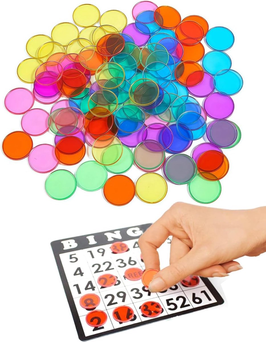 Bingo-set, 100 stuks, chips met metalen ring, markeringen van kunststof, marker voor wiskunde, tellen, wetenschappelijk onderzoek, STEM-kit, familiespelavonden (meerkleurig)