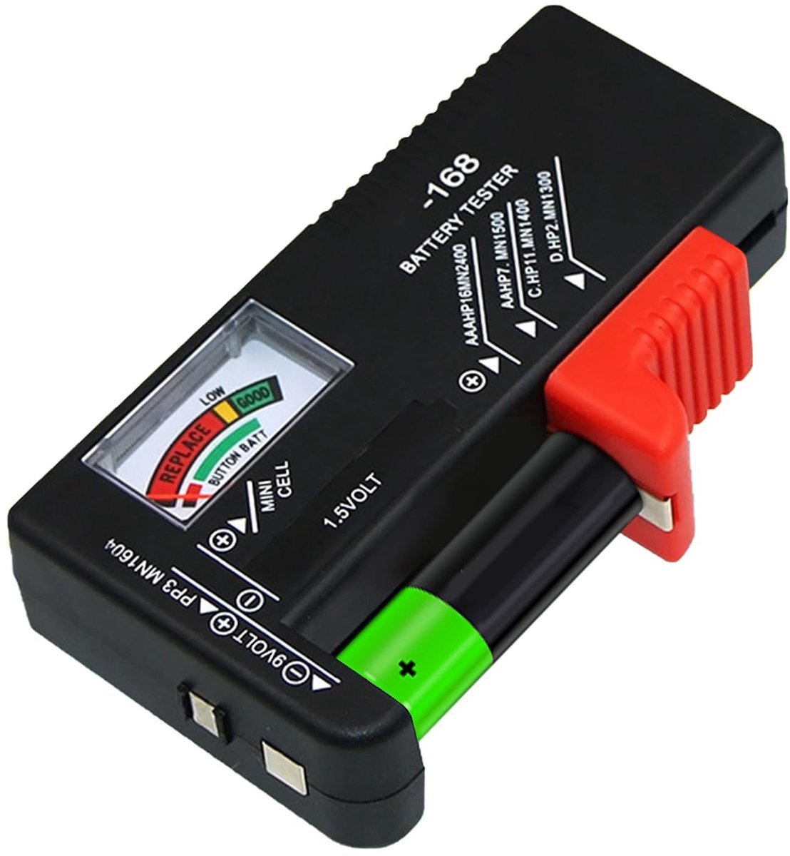 Batterijtester is geschikt voor alle batterijtypes, inclusief AA, AAA, D, C, 9 V en 1,5 V knoopcellen, en kan batterijstatustests zonder stroombron uitvoeren