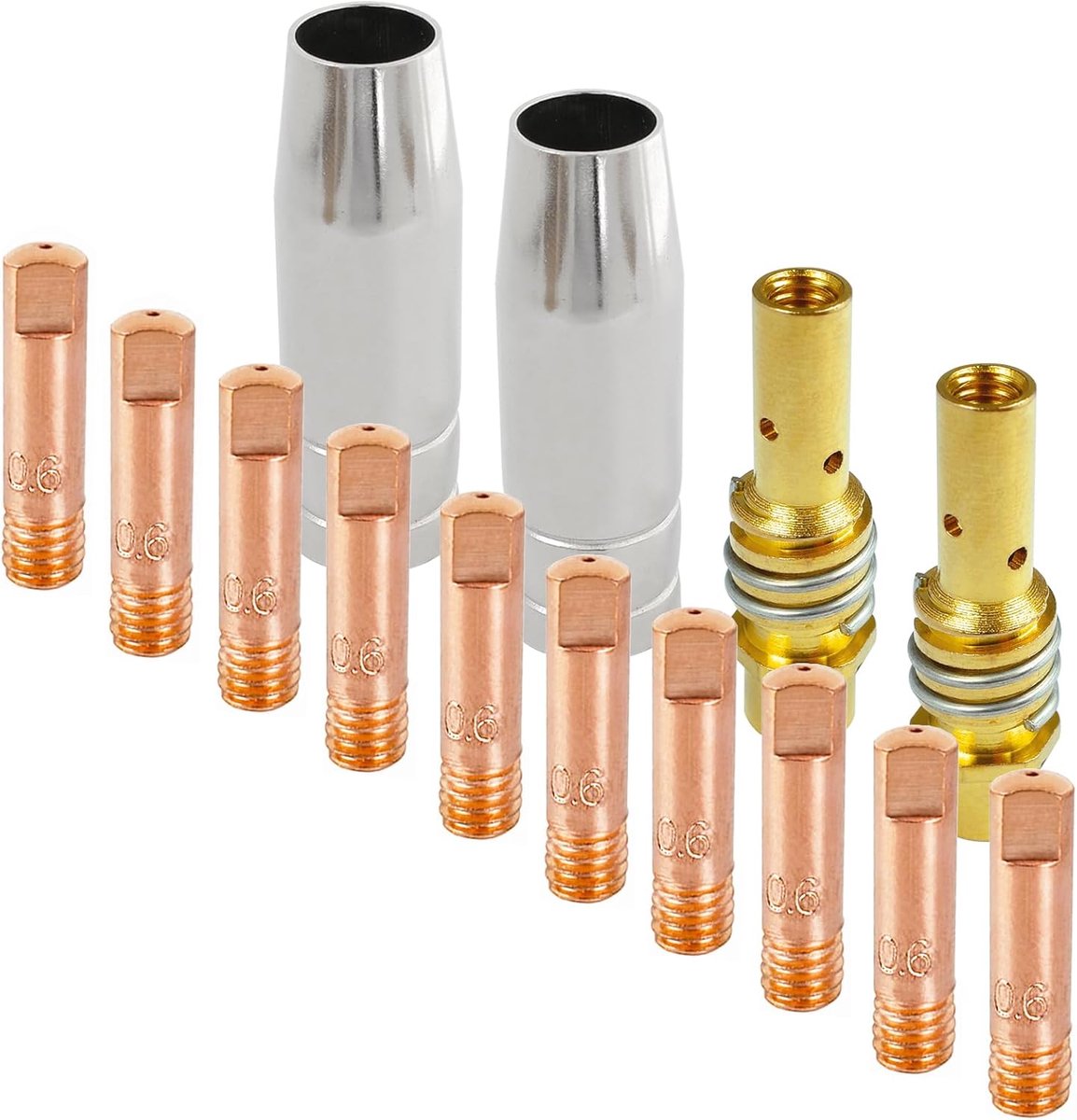 14 stuks MB 15AK Mig Mag lasapparaat, slijtageonderdelen, set lasaccessoires, 10 stroommondstukken M6 0,6 mm, 2 gasmondstukken, conisch insteekbaar, 2 mondstukhouders met bevestigingsveer