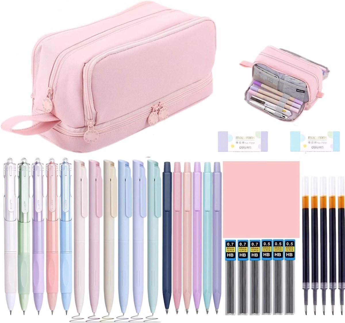 32 Delige Schrijfset, Inclusief Een Etui, 6 Kleurpotloden, 5 Zwarte Balpennen, 6 Vulpotloden, 2 Gummen En Plakbriefjes, School- Of Kantoorbenodigdheden (Roze)