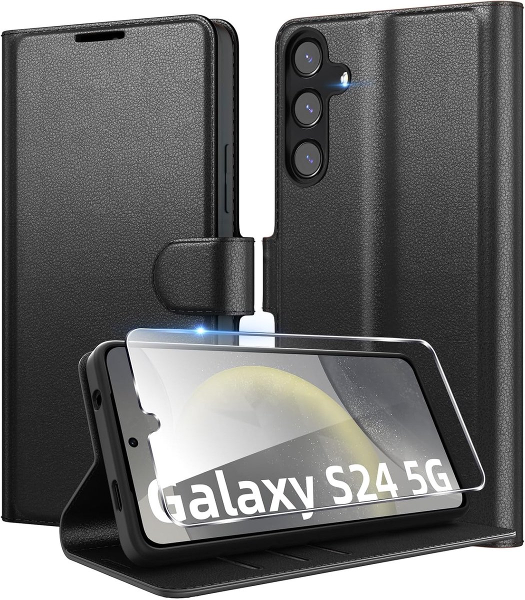 Telefoonhoesje voor Samsung Galaxy S24 5G, premium PU-lederen portemonnee, kaartenvak, standfunctie, beschermhoes, stootvaste klaphoes, flip case met 1 stuks pantserbescherming, glas, zwart