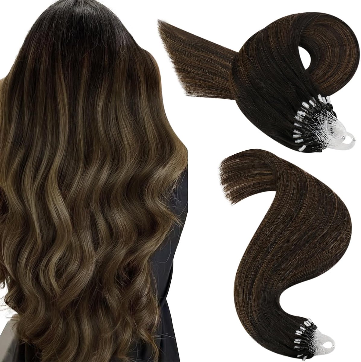 Microring Extensions van echt haar, bruin, ombre echt haar, microring, asbruin, balayage, donkerste bruin, haarverlenging, extensions, microring, onzichtbaar, #2/8/2, 40 cm, 50 g, 50 stuks