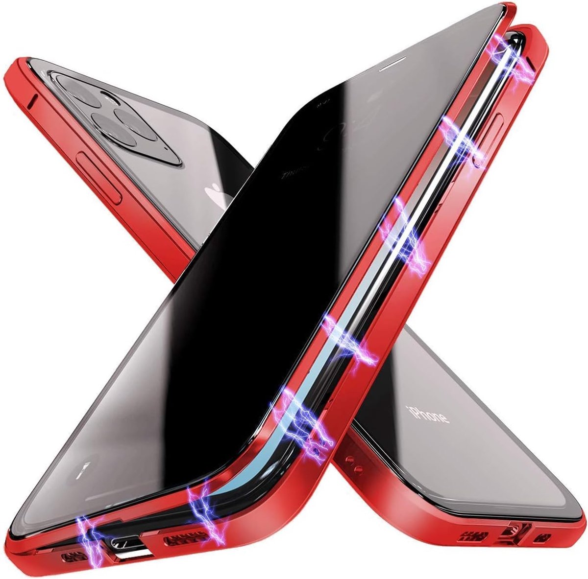 Beschermhoes voor iPhone 11 Pro Max, anti-spionage, 360 graden, bescherming, magnetische adsorptie, metalen hoesje, privacy, gehard glas, inkijkbescherming, rood