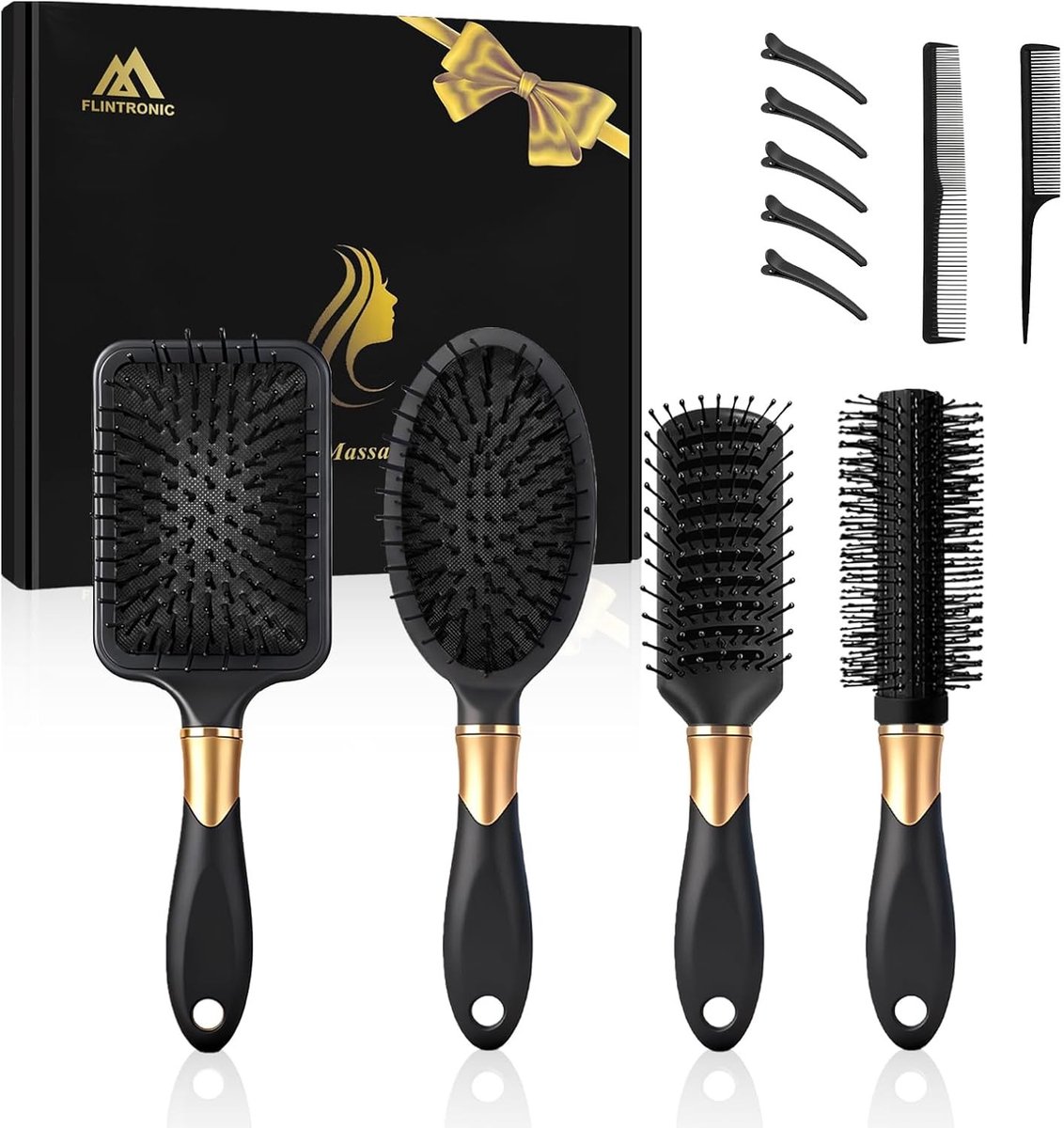11-delige Krulborstel Set, 4-in-1 Antistatische Stylingborstel, Nat en Droog Haar, Geen Trekking, Hoofdhuid Massager voor Trendy Krullende Hairstyles, Zwart