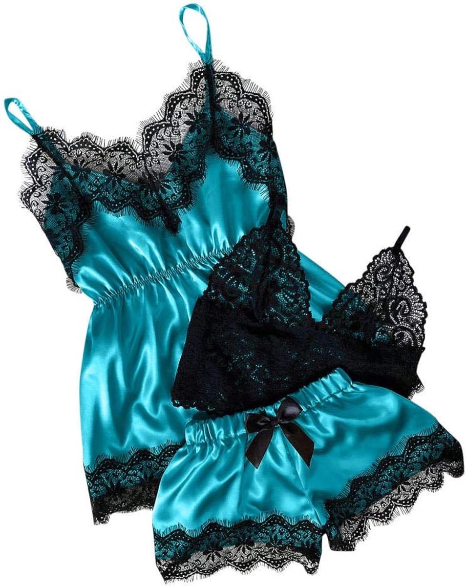 Sexy kanten nachthemd bretels sexy lingerie vrouwen petticoat lingerie pyjamaPyjama Dames Pijamas Effen Kleur V-hals Sexy Nachtkleding Vlek Hemdje Strik Shorts Pyjama Set-E_XL