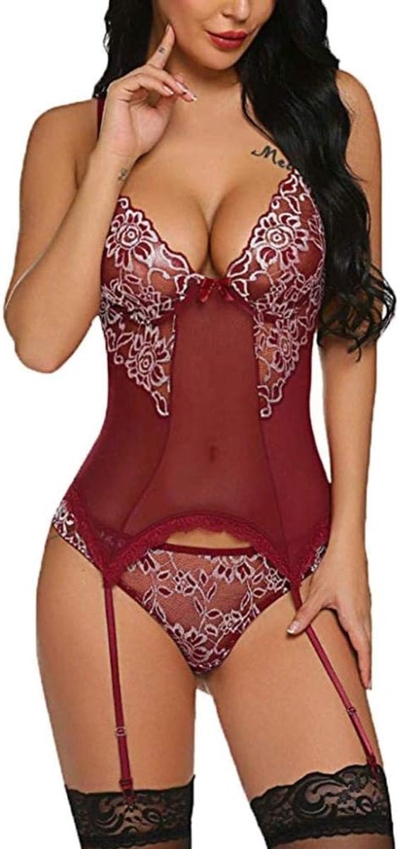 Dameskostuums Sexy Erotische Lingerie Vrouwen Porno Nachtkleding Kostuum Plus Size Kanten Beha String Kousenband Ondergoed Transparant-Wine_XL