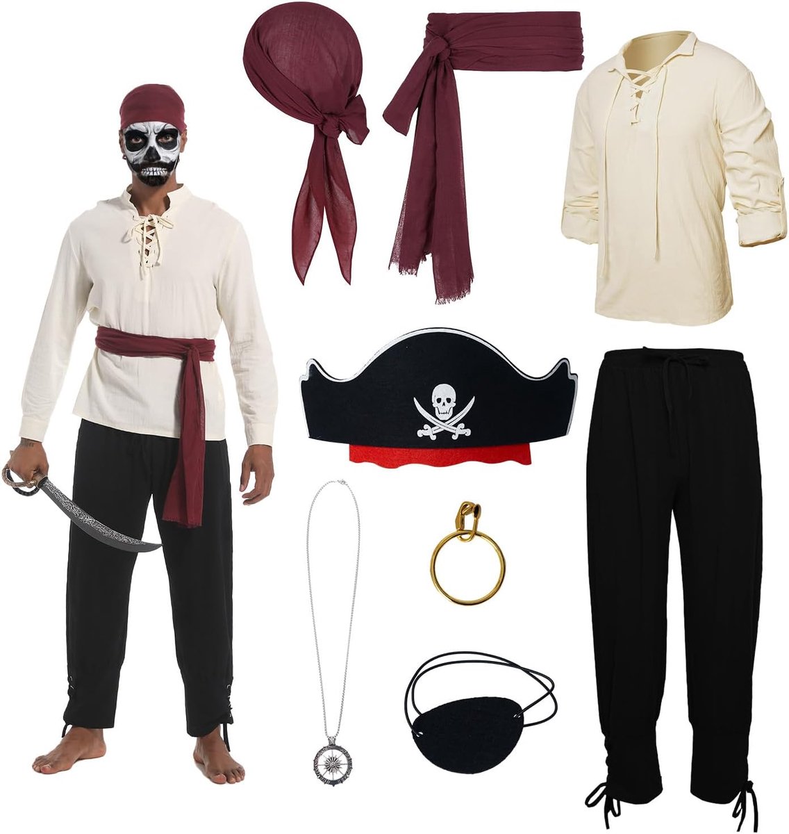 Piratenkostuum voor heren, middeleeuwse kleding voor heren, met middeleeuws hemd, broek, piratenbandana, riem, oogklep, halsketting, oorbellen, voor Halloween en carnaval