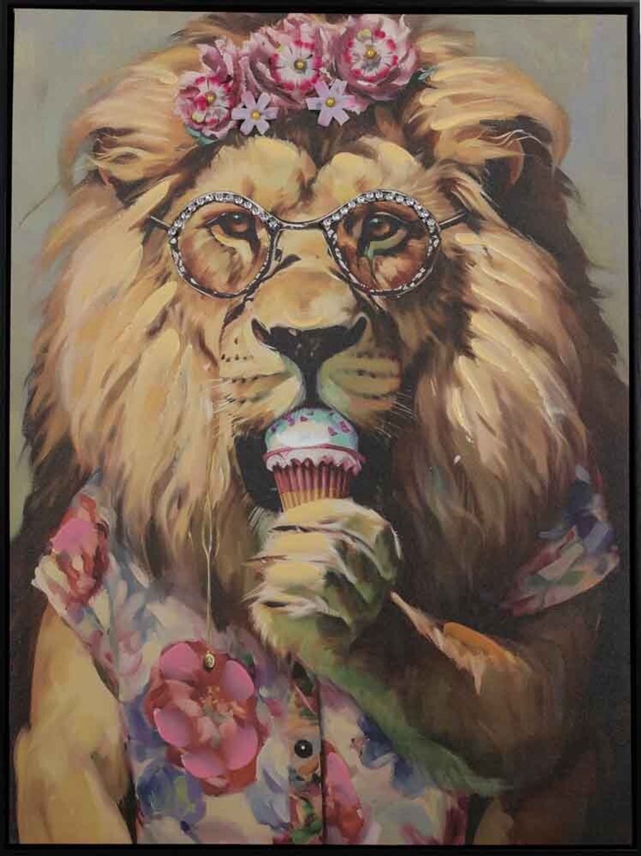Schilderij leeuw met ijsje 60x80cm