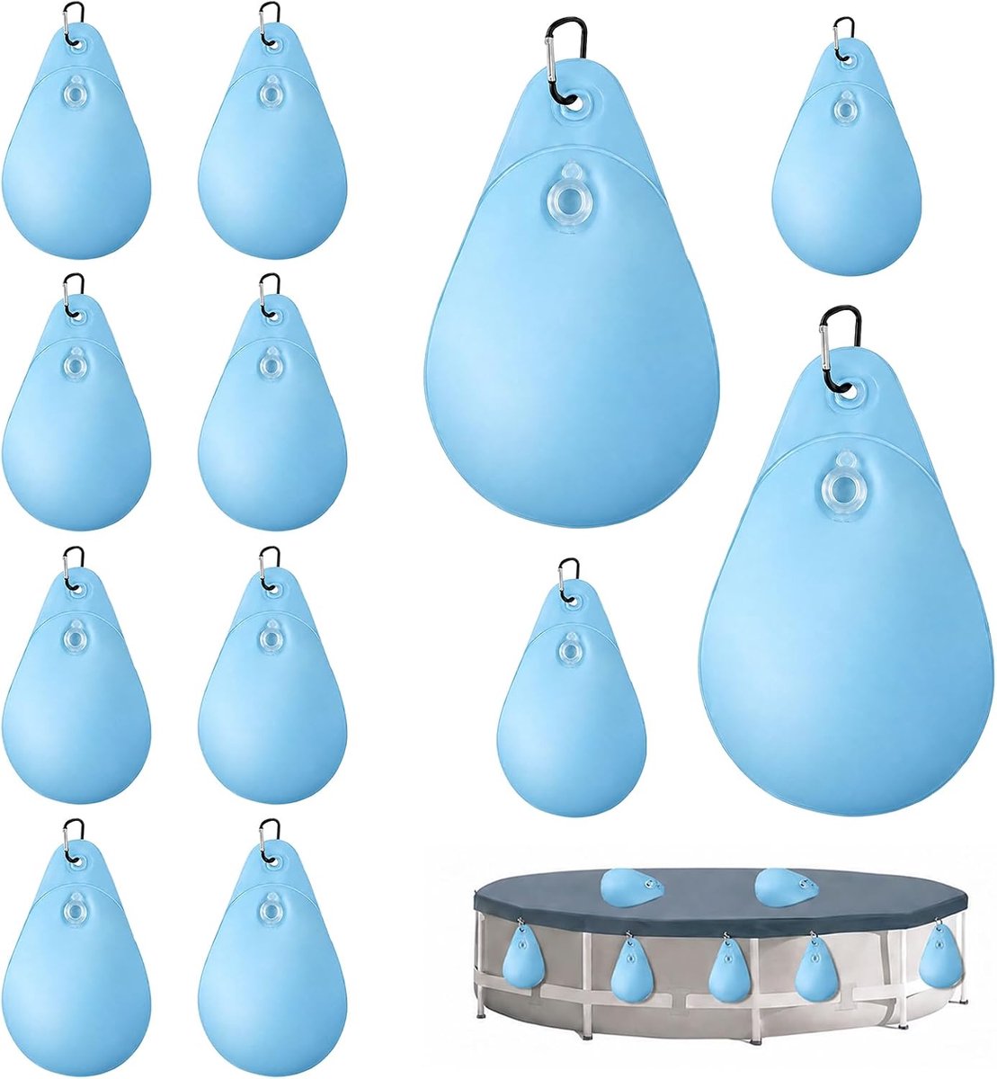 Wandtas, verzwaringszak, 12 stuks, scheurvast kunststof, ophangbaar, met ophanghaak, dicht ventiel voor de winterbevestiging van zwembaddekzeilen buiten (lichtblauw)
