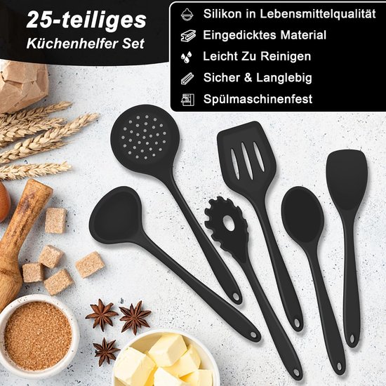 Keukenhulpset, 25-delig, siliconen keukengerei, kookbestekset, anti-aanbaklaag, hittebestendig kookgerei, kookgerei met gereedschapshouder en S-haak, vaatwasmachinebestendig, zwart — afbeelding 4