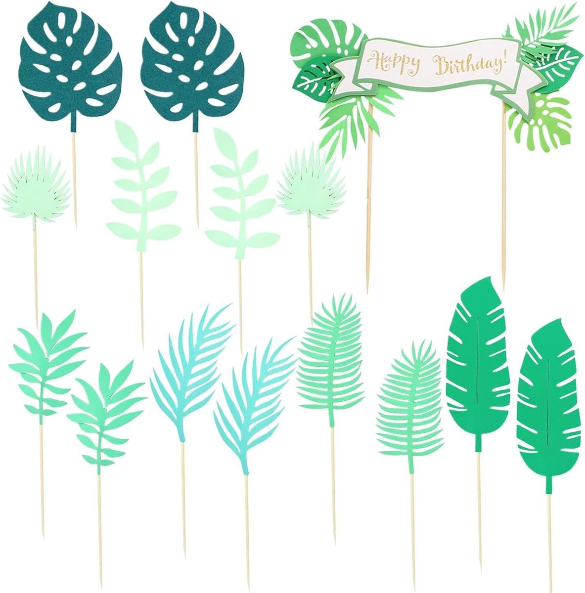 14 inzetstukken van tropische bladeren, 1 inzetstuk voor verjaardagsbanners, decoraties voor verjaardagstaarten, tropische feestdecoraties, palmbladeren voor cupcake