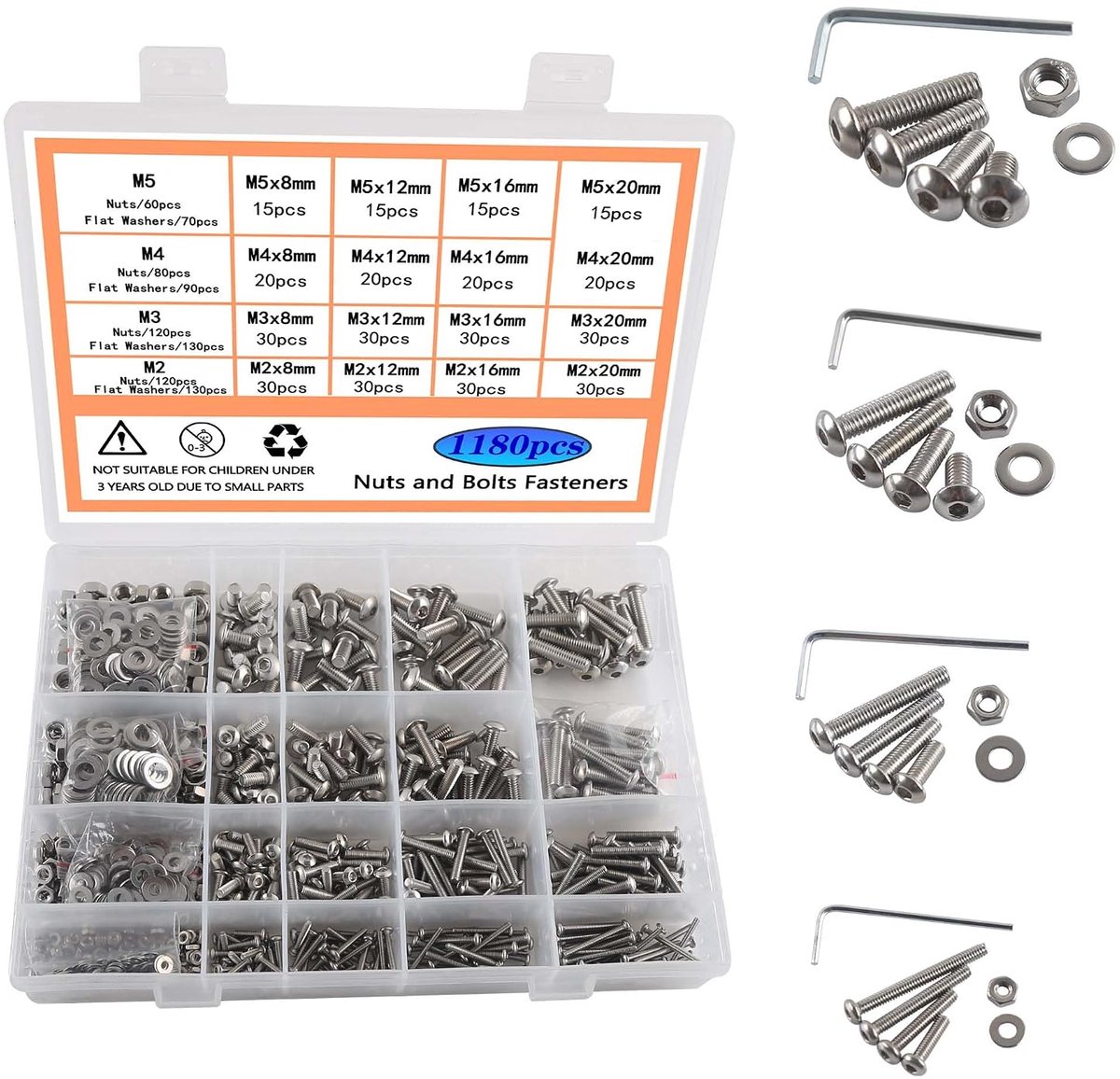 M3 M4 M5 schroeven en moeren sluitringen moersleutel 304 roestvrij staal lenskopschroeven ronde knop schroevenset met assortiment doos en moersleutel 1180 stuks
