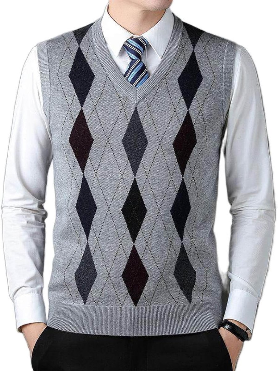 Argyle V-Hals Mouwloze Trui Trui, Herfst En Winter Heren Gebreid Trui Vest, Middelbare Leeftijd Kleur Bijpassende Verdikte Casual Heren Gebreide Trui Tanktops, Lichtgrijs, S
