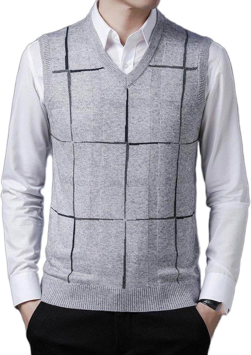 Kasjmier Mouwloos Vest Met V-Hals, Klassiek Contrasterend Geruit Pullover Vest, Casual Gebreid Vest, Zakelijk Heren Gebreide Vest Trui Tanktops, Lichtgrijs, S