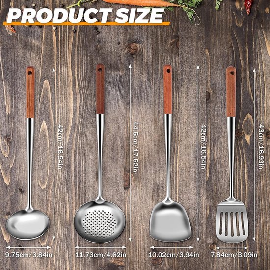Set van 4 keukenhulpen van roestvrij staal, wokaccessoires met houten handvat, lange spatel, spatel, pollepel, kookgereedschap — afbeelding 4