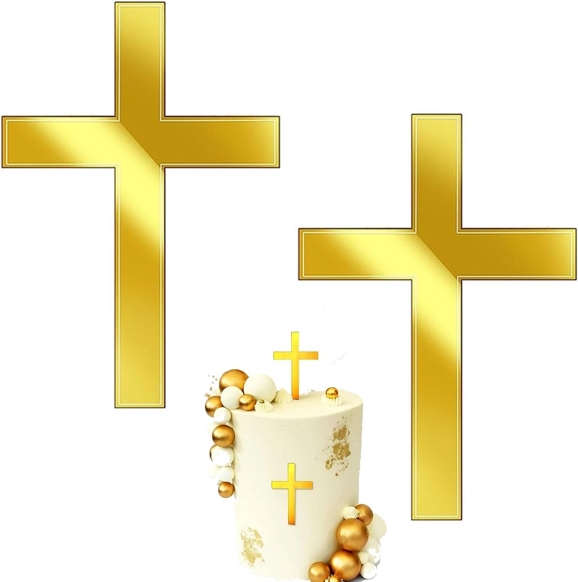 Kruis voor taartdecoratie, caketopper, kruis, gouden top, taart, decoratie, acryl, taartdecoratie, doop, 10 x 7 cm, voor bruiloft, verjaardag, feest, communie (2 stuks)