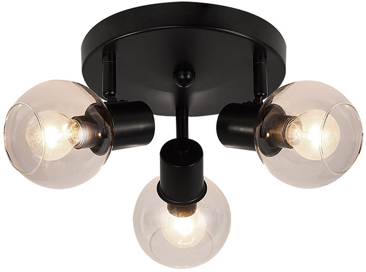 Osira plafondlamp, zwart stalen frame met helder glas, 3x E14 fitting, diameter 370 mm, hoogte 145 mm, IP20
